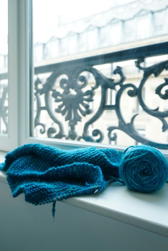 Admiring my knitting progress in Paris Hotel Room | HeyGirlfriend.Net